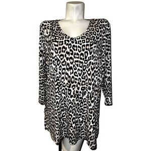 Chicos Top Leopard Print V-Neck Tunic Long Sleeve Stretch Size L (2) Large